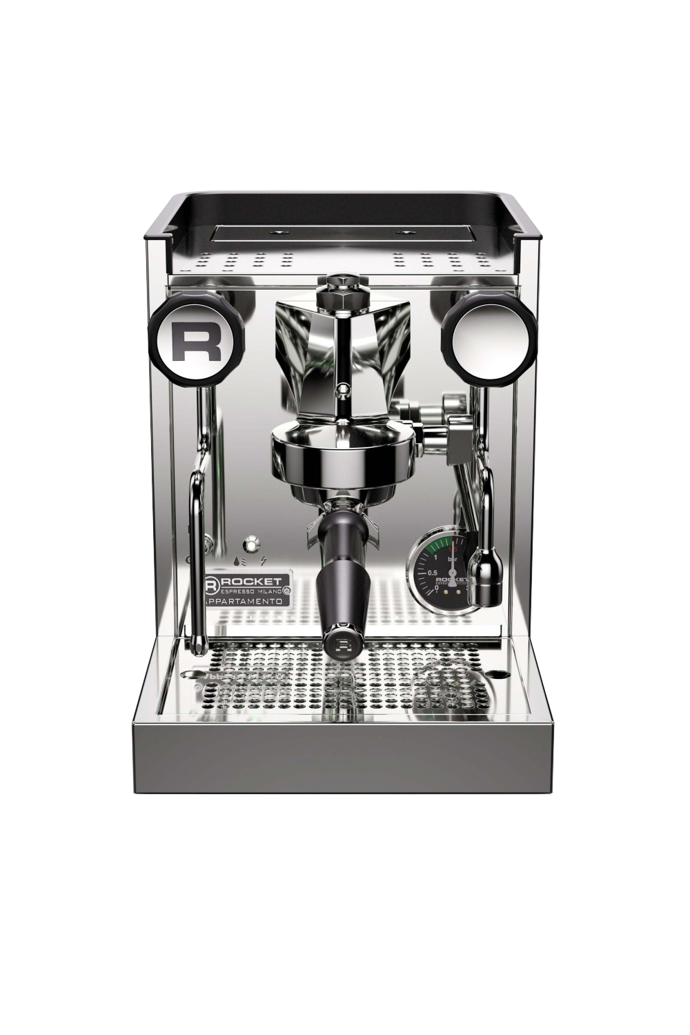 Rocket Appartamento Black espresso machine front view.