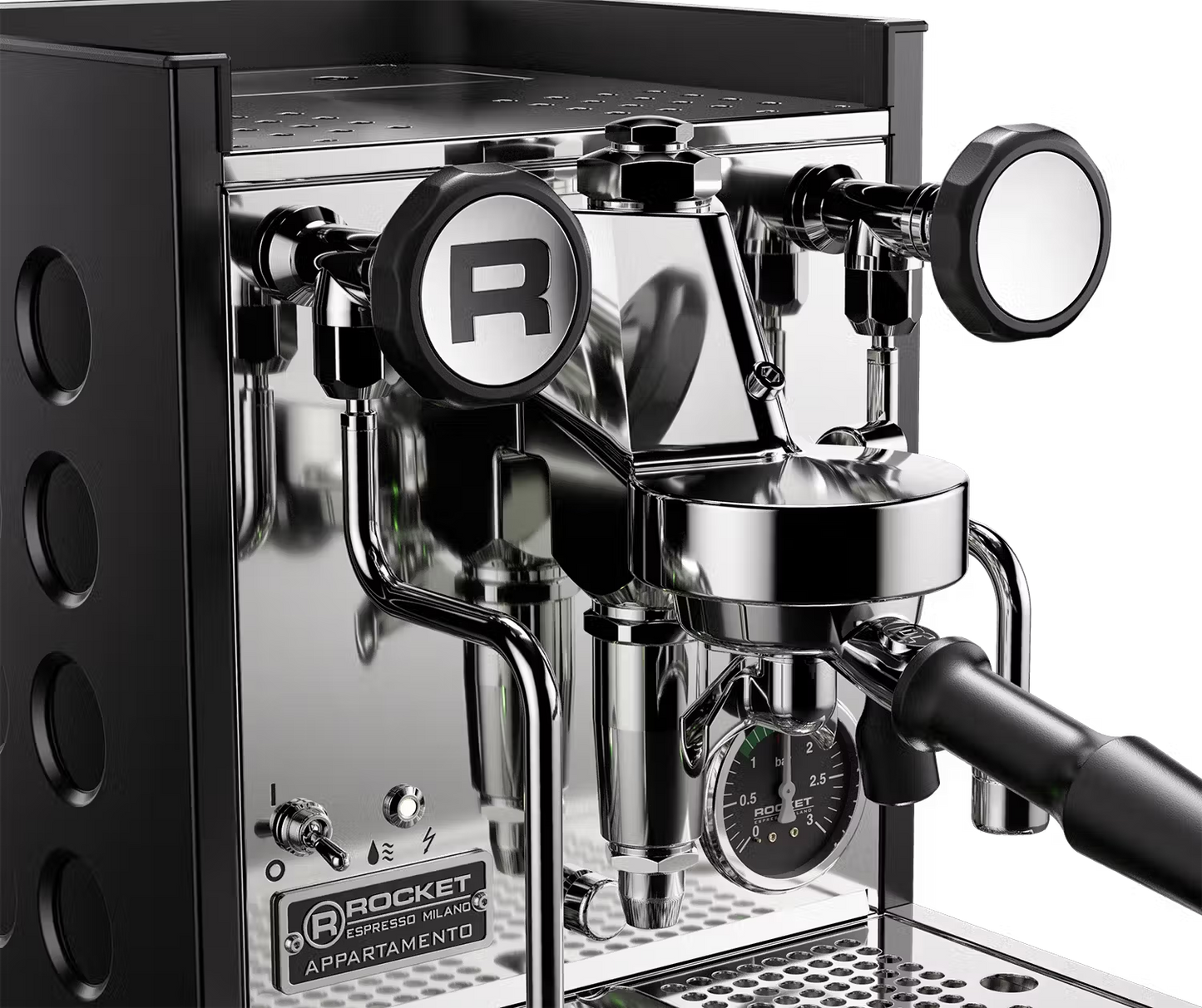 Rocket Appartamento Black espresso machine detail view.