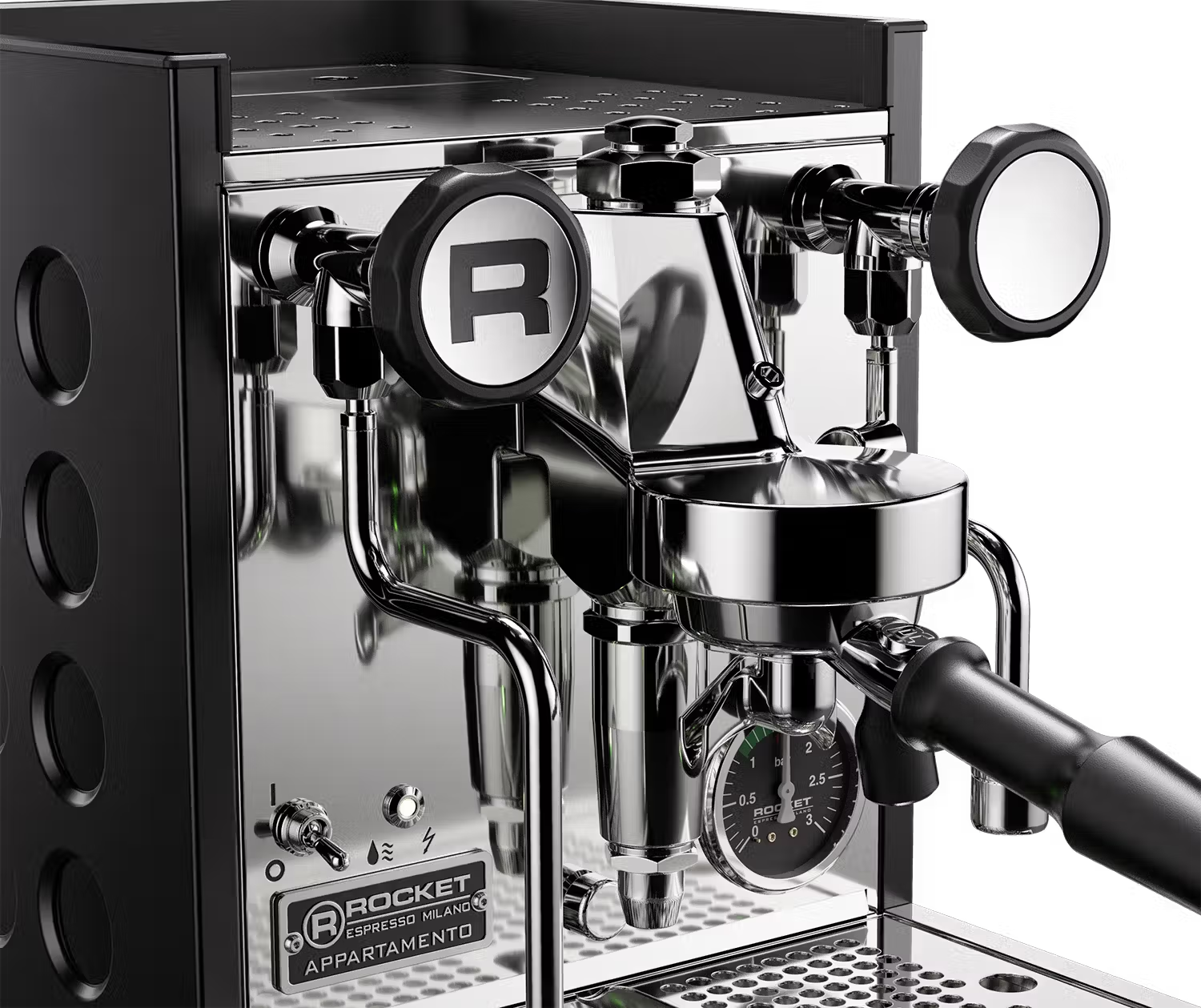 Rocket Appartamento Black espresso machine detail view.