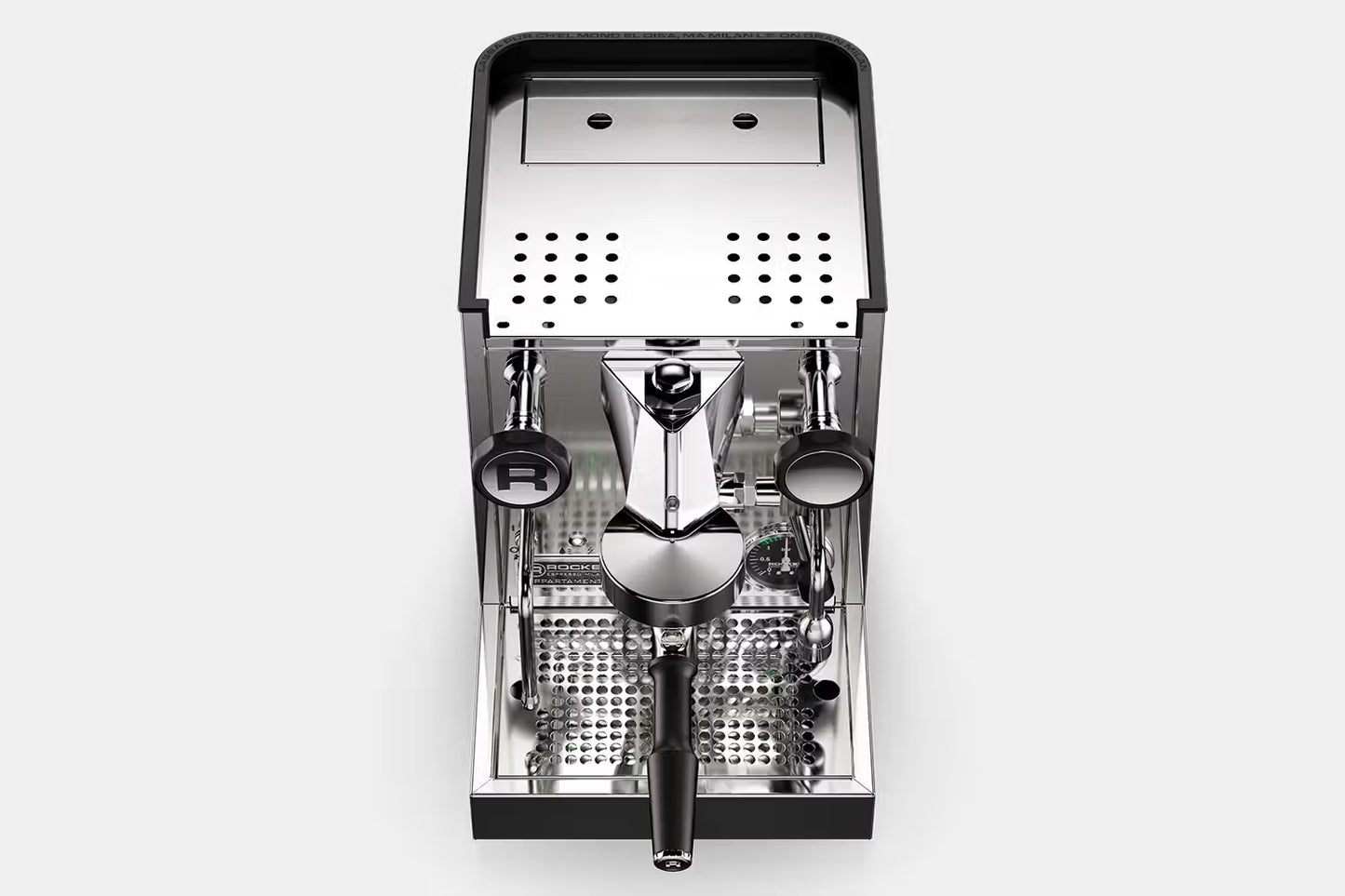 Rocket Appartamento Black espresso machine detail view.