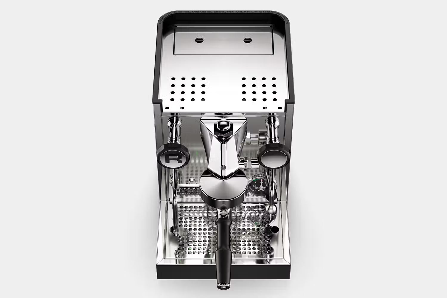 Rocket Appartamento Black espresso machine detail view.