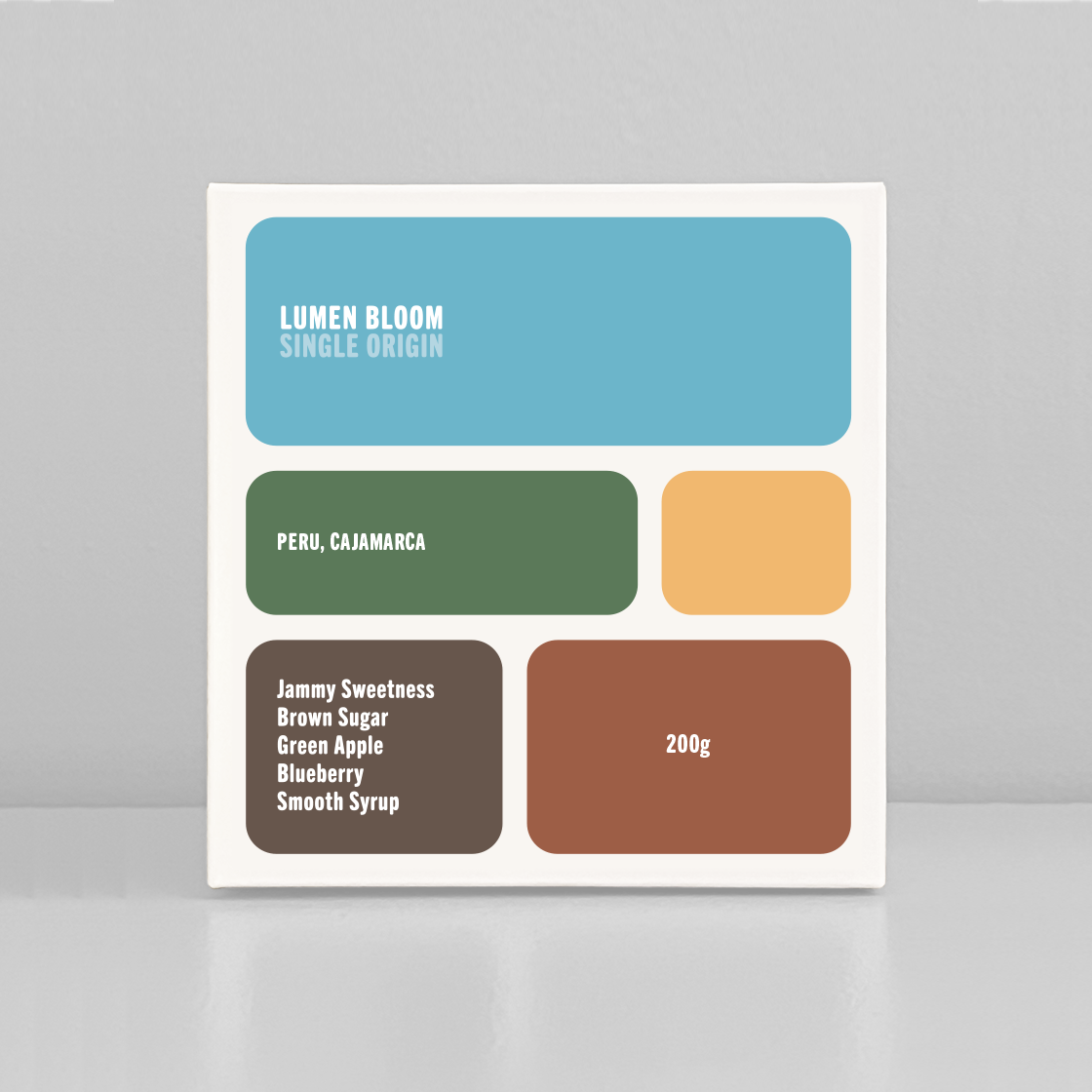 Lumen Bloom coffee package with color swatches and text on a gray background